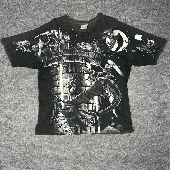 Rare Vintage 90s Liquid Blue Fantasy Dragon Knight AOP T Shirt Mens XL - Picture 2 of 16